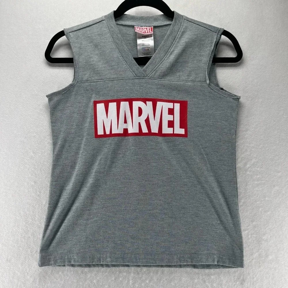 Marvel Tank Top Womens Size XS Spell Out Logo V-Neck Sleeveless Jersey Gray - Picture 1 of 9
